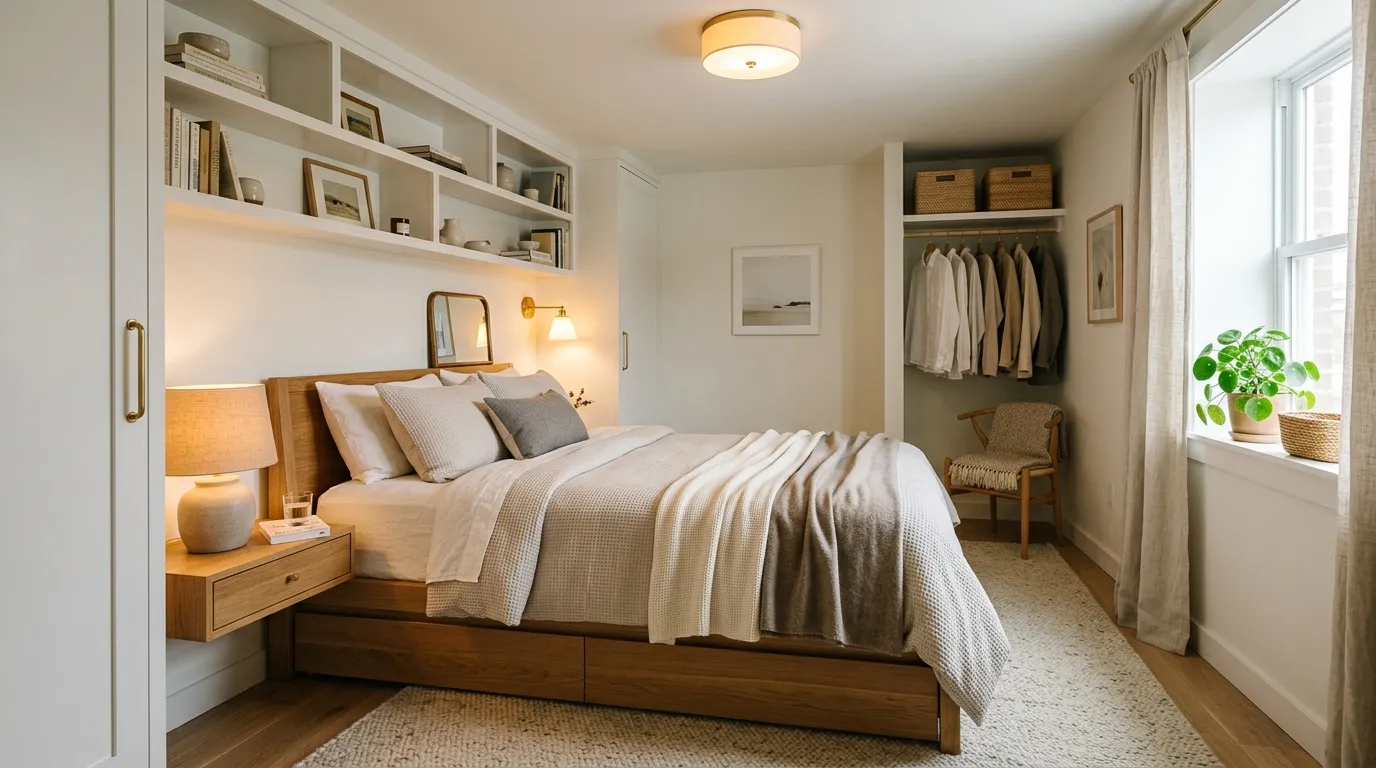A beautifully designed small bedroom that looks spacious and inviting, with light walls, smart storage, soft textiles, and warm lighting. This conveys a sense of accomplishment and thoughtful design.