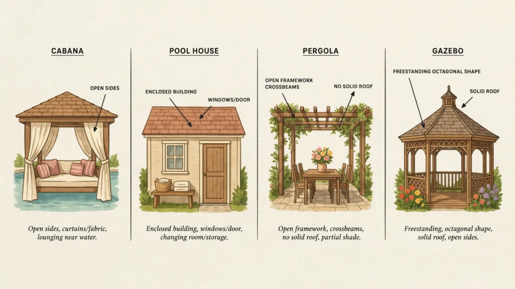 Cabana, Pool House, Pergola, or Gazebo What's the Difference