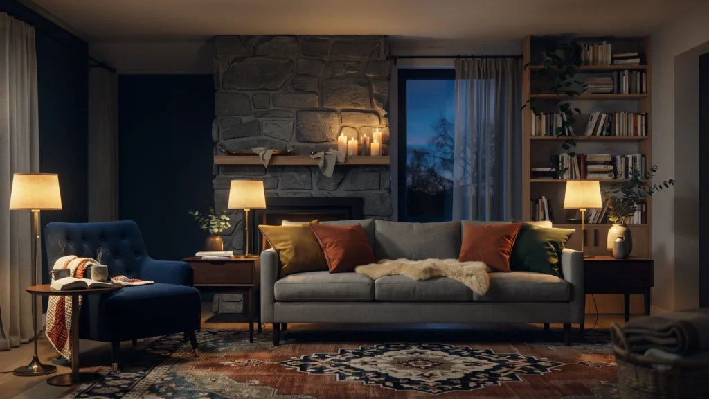How can lighting set a cozy mood in winter