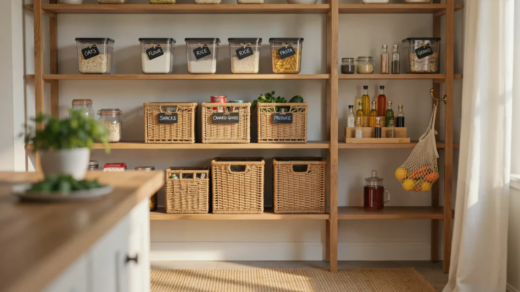 How can shelving and racks maximize vertical kitchen space