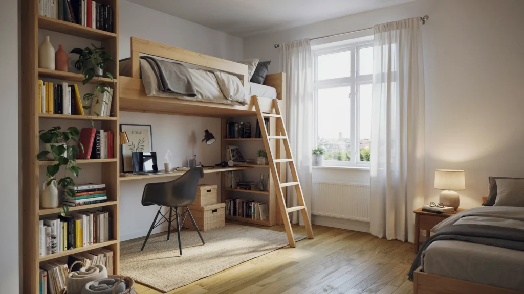 How can vertical space solve storage problems in a tiny bedroom
