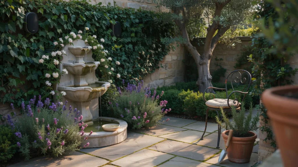 How do sound and scent enhance an outdoor space