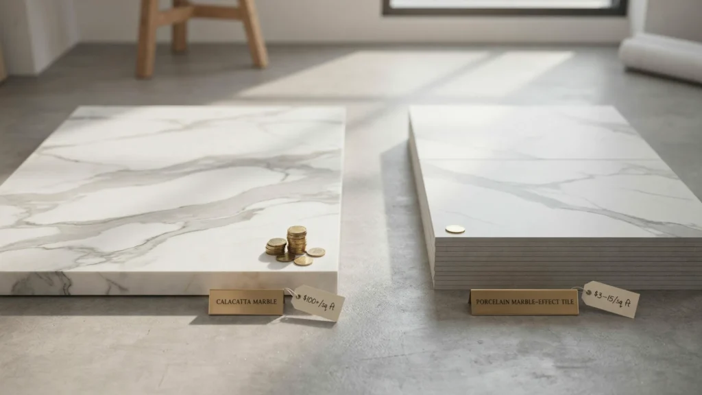 How do the costs of natural marble and effect tiles compare
