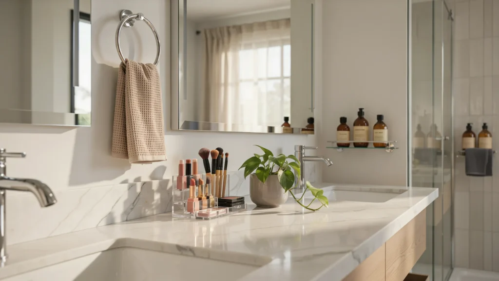How do vanity organizers keep cosmetics and toiletries sorted