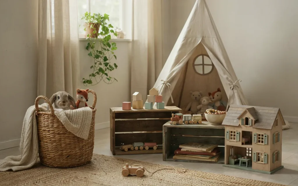 What are sustainable kids' decor options for storage and play areas