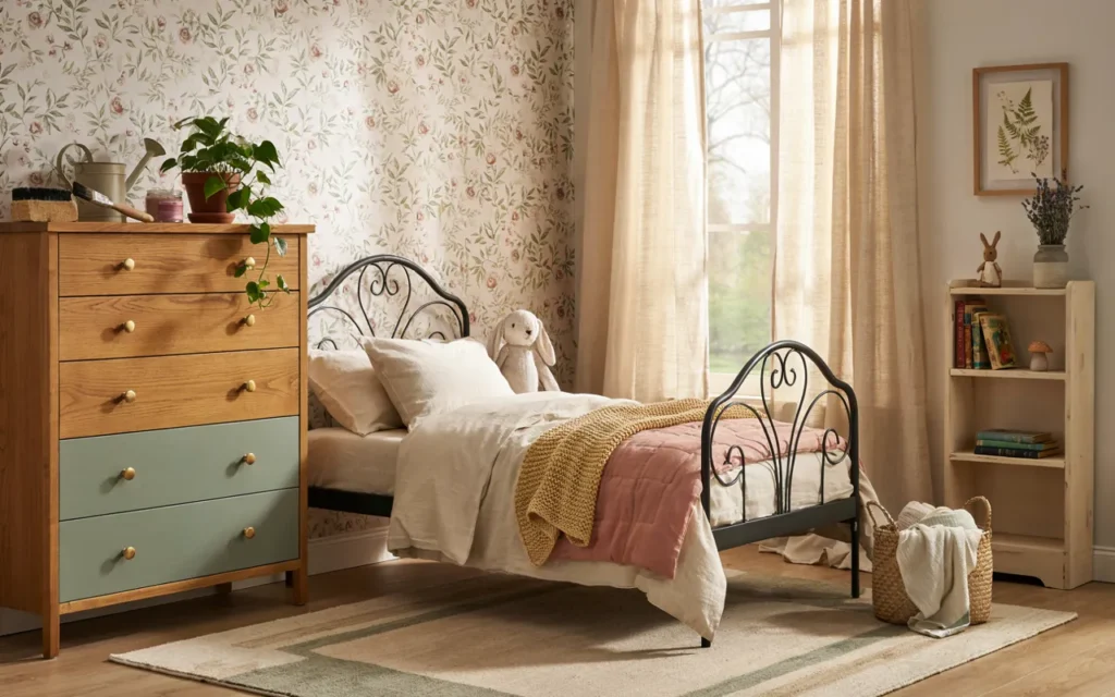 What are the key elements of a cottagecore toddler room
