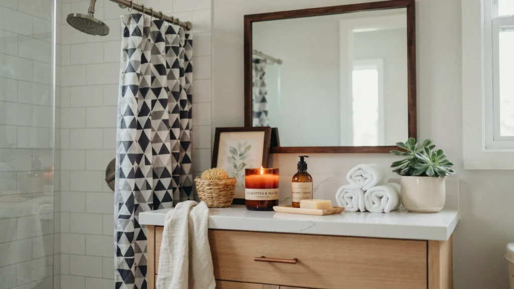 What scents and accessories create a spa-like bathroom ambiance