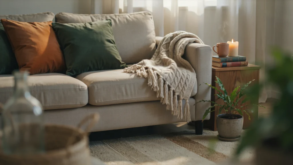 What textiles make a living room feel warm in winter