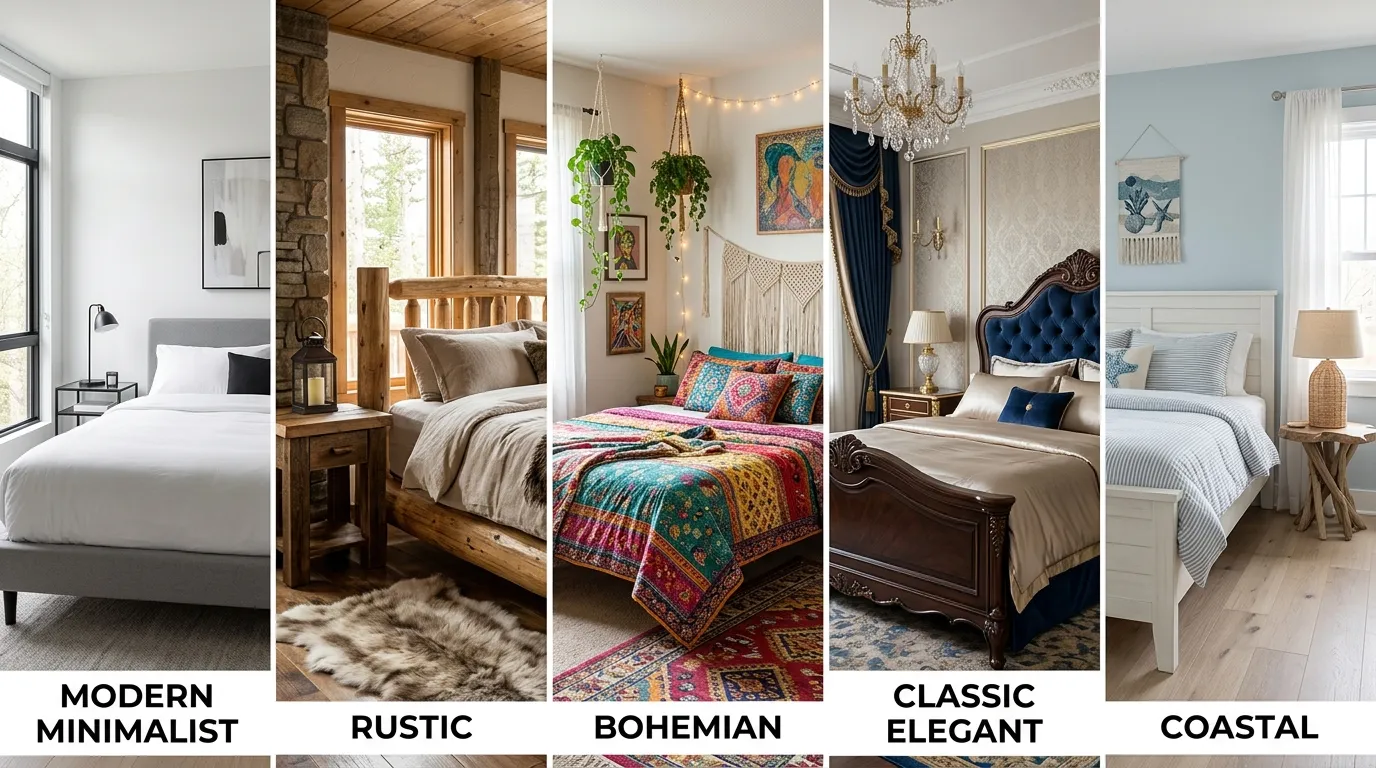 a flat-lay of four bedroom color palette swatches—soft neutrals, dusty blue and sage green, warm terracotta earth tones, and a bold navy-and-mustard combination—arranged with fabric samples