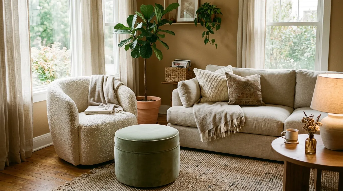 A cozy seating arrangement with a boucle accent chair, a round upholstered ottoman, and a neutral sofa in a warm, inviting room
