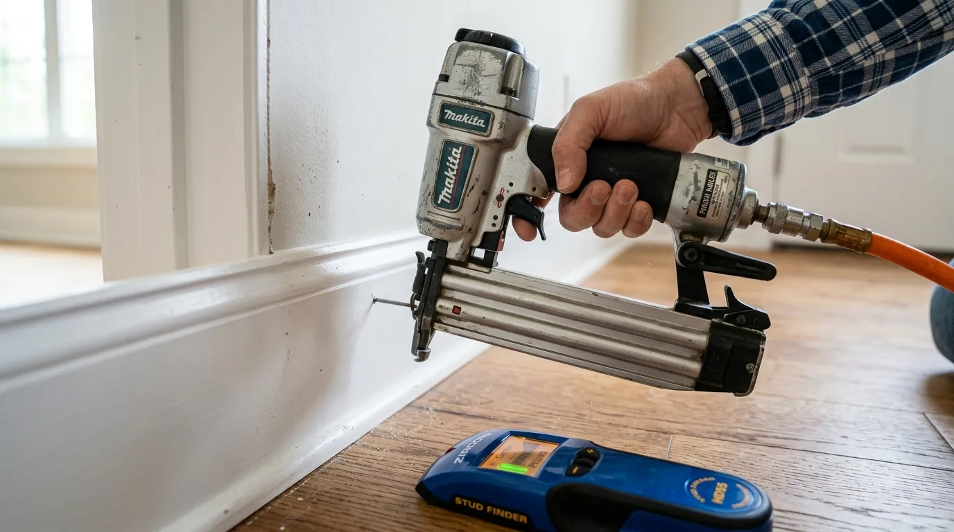 A caulk gun running a smooth bead along the top of a baseboard, with filled nail holes ready for sanding