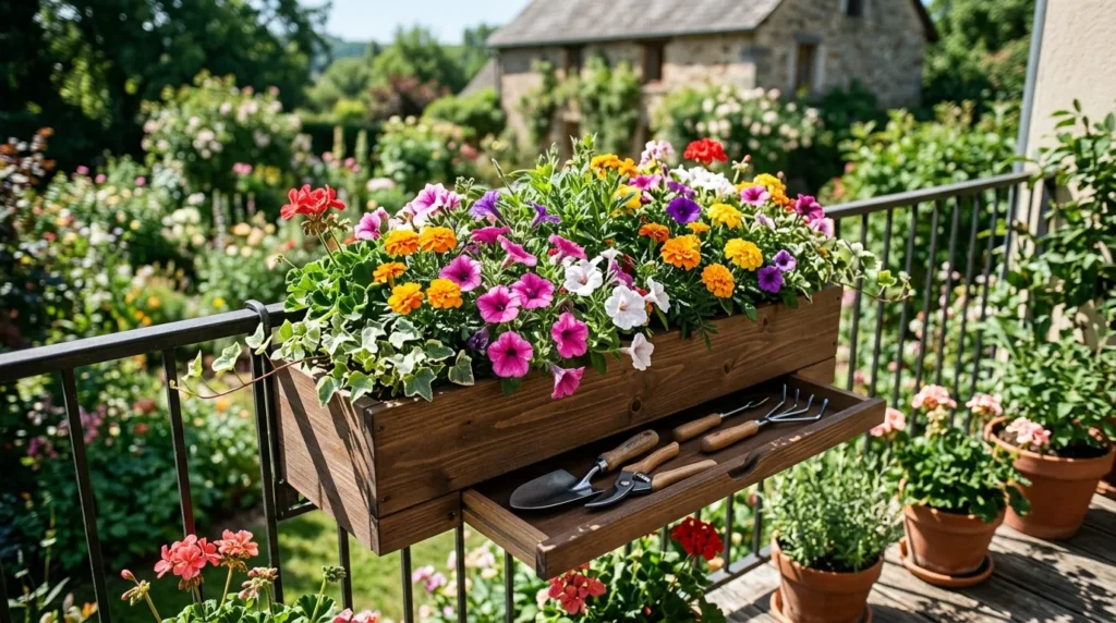 Recessed Railing Planter With a Slide-Out Tray