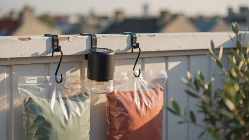 Vacuum-Sealed Cushion Bags on Wall Hooks