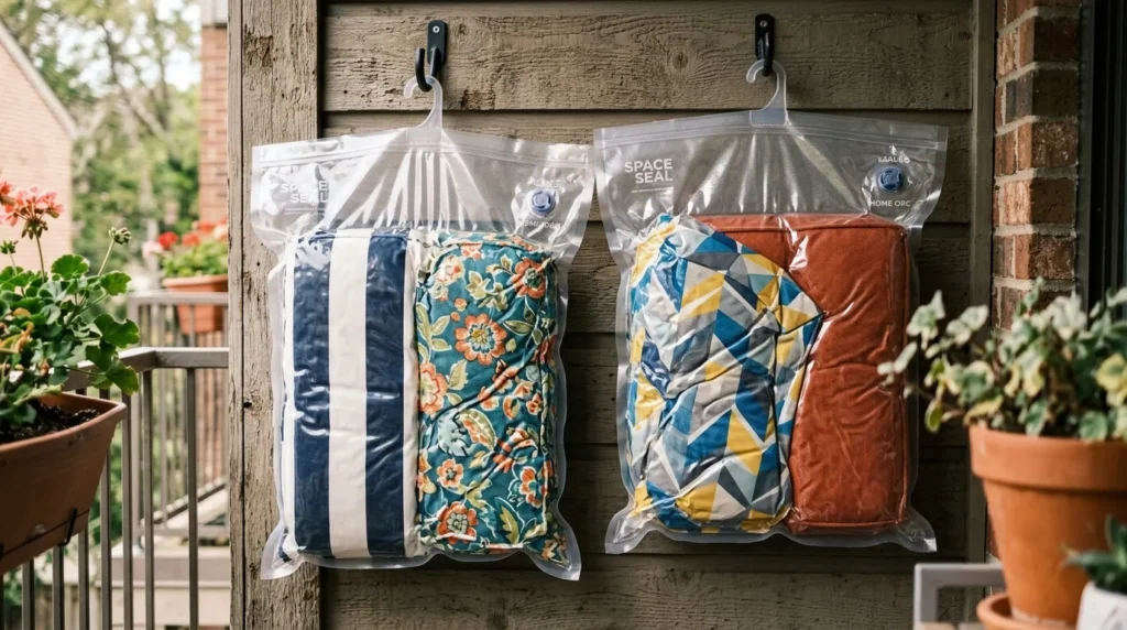 Vacuum-Sealed Cushion Bags on Wall Hooks