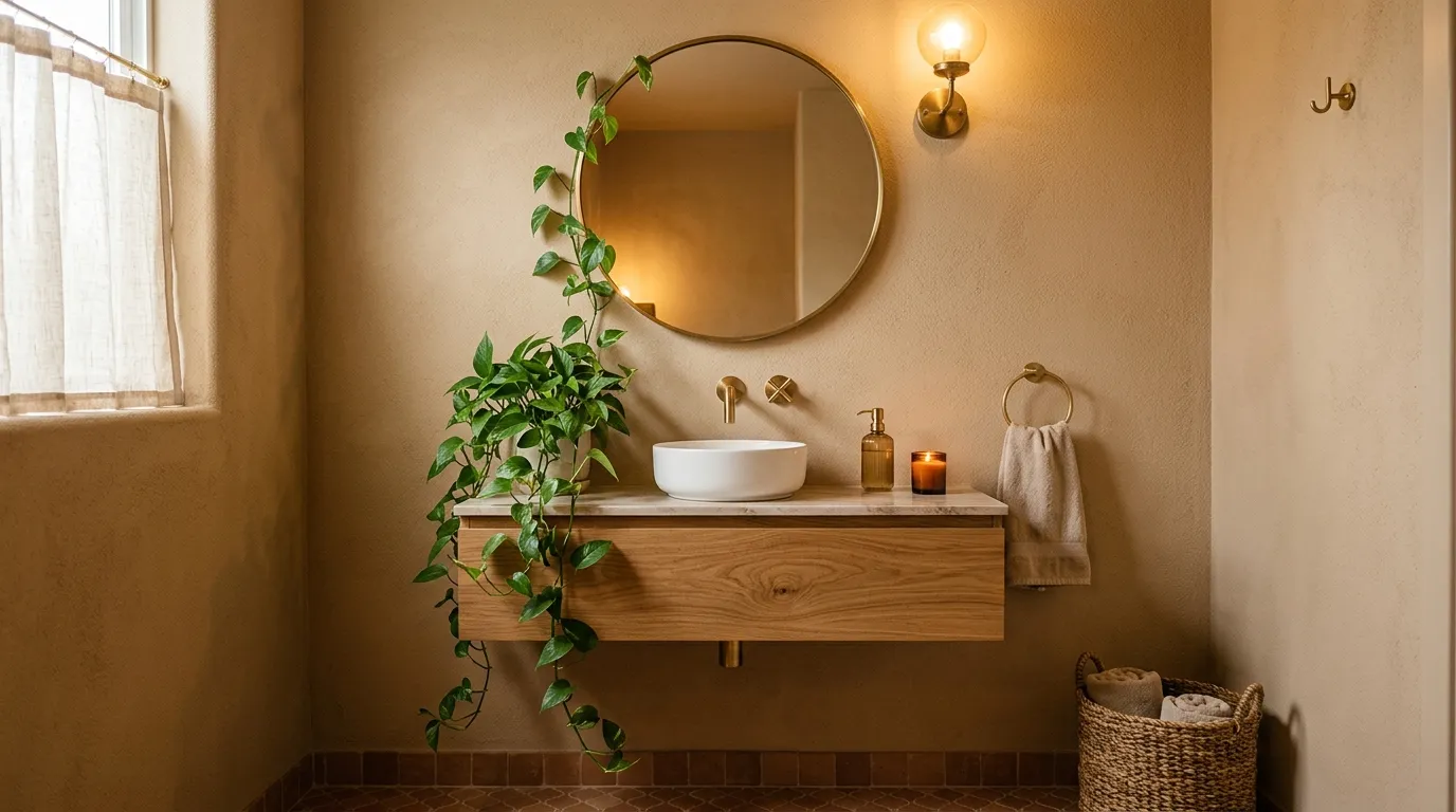 A photograph of a modern, minimalist bathroom featuring a floating wooden vanity, a circular mirror, and a trailing pothos plant against warm, earthy, textured walls, evoking a serene spa-like mood.