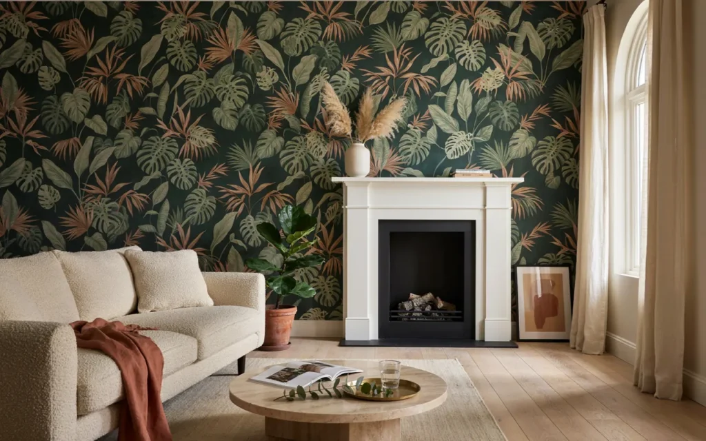 A Bold Wallpaper Feature Above the Mantel