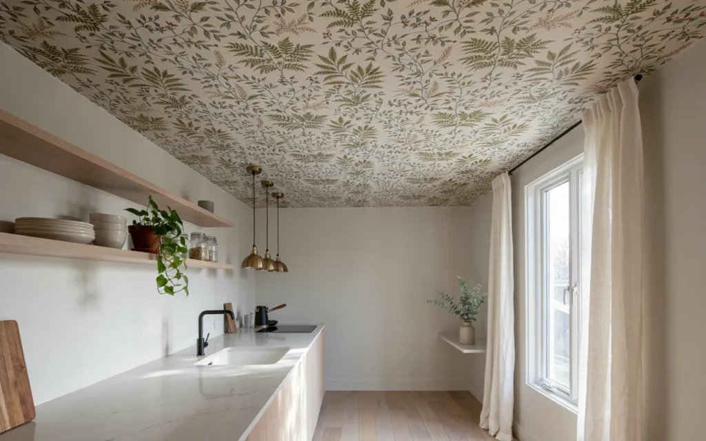 Botanical Wallpaper Ceiling With Sleek Quartz Countertops