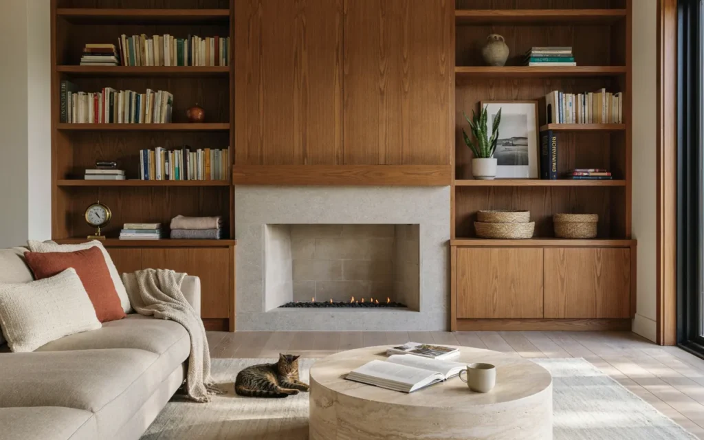 Built-In Shelving Surrounding the Fireplace