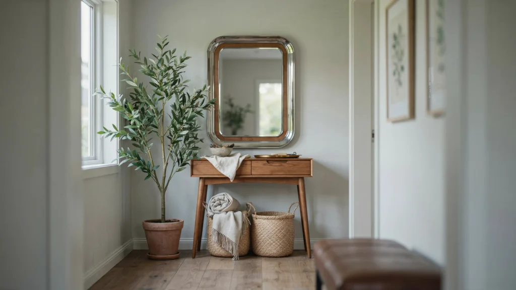 Chrome-Framed Mirror with Wood Detailing