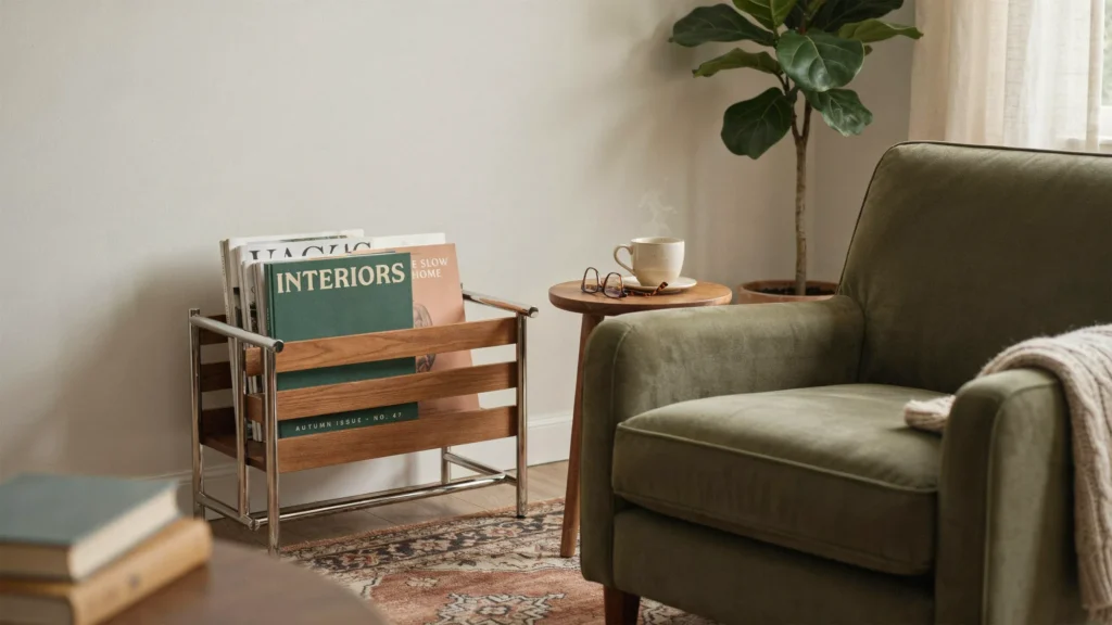 Chrome-Framed Wood Magazine Rack