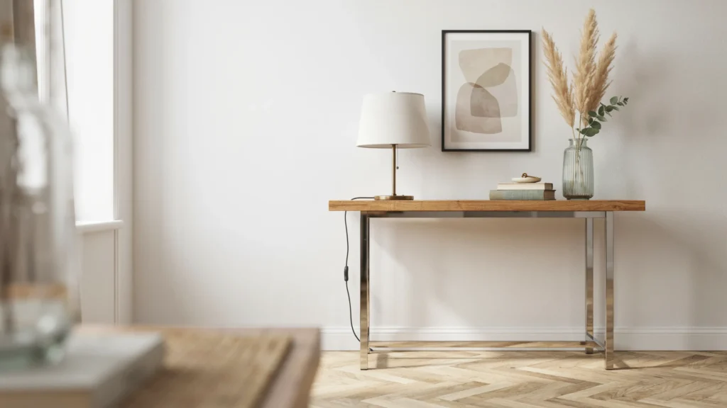 Chrome and Oak Console Table