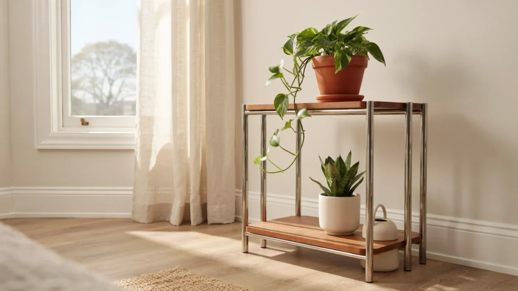 Chrome and Wood Plant Stand