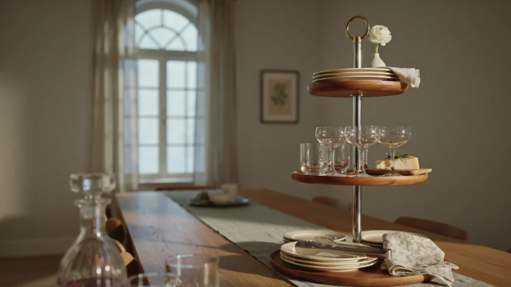 Chrome and Wood Serving Stand or Étagère