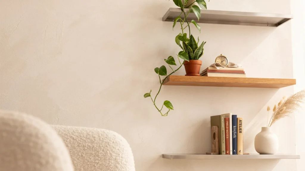 Chrome and Wood Wall Shelving