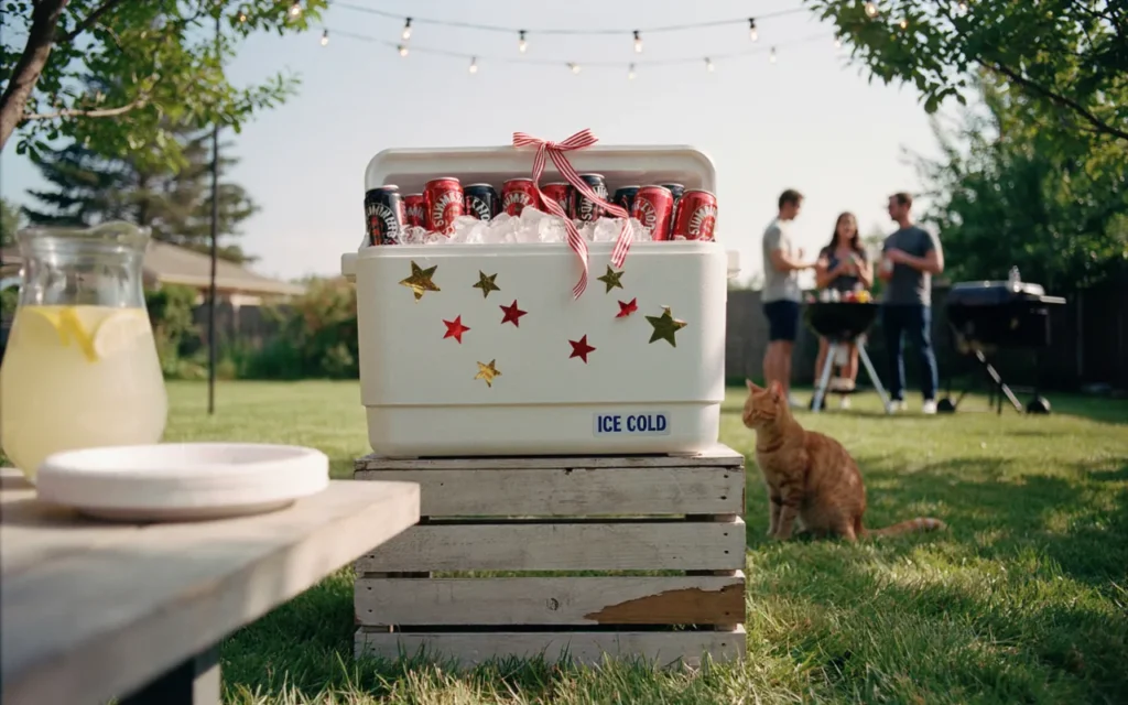 Cooler Station Decorated with Patriotic Stickers and Ribbons