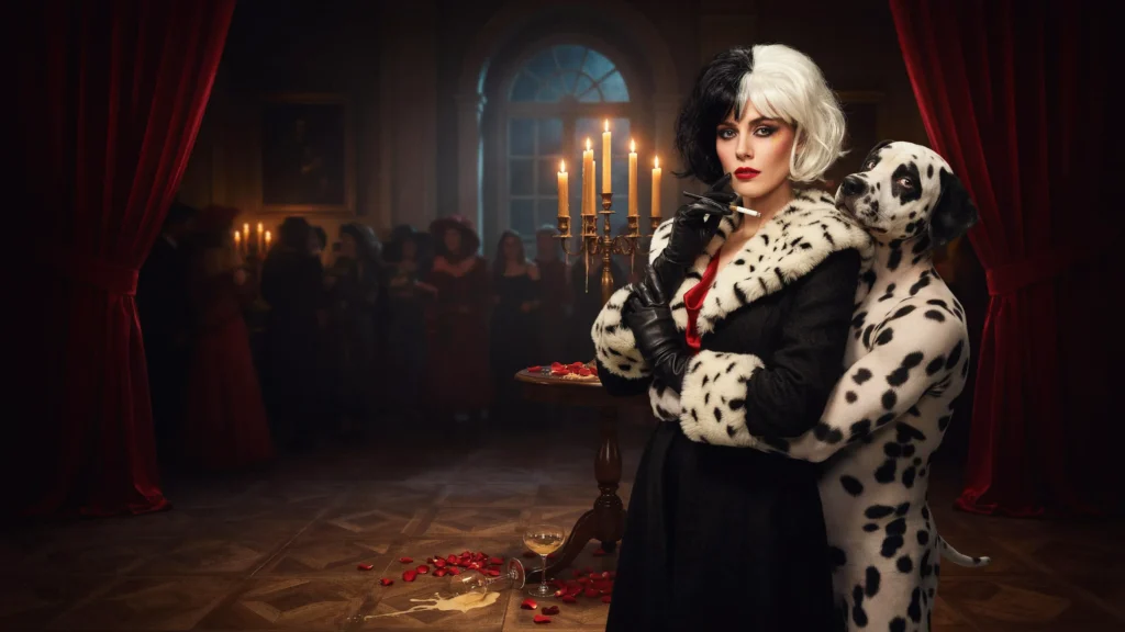 Cruella de Vil and a Dalmatian