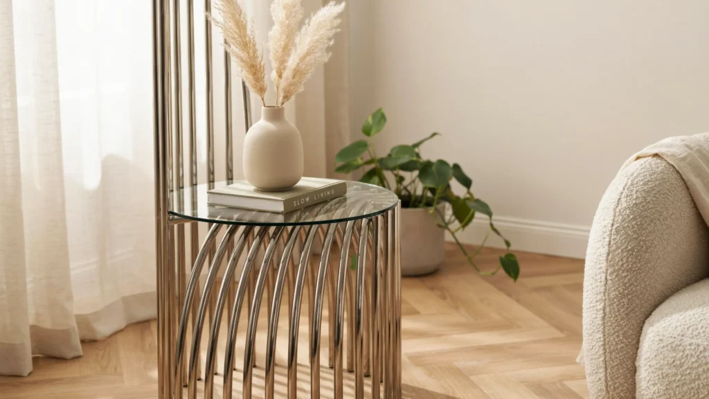 Curved Slatted Chrome and Glass Table