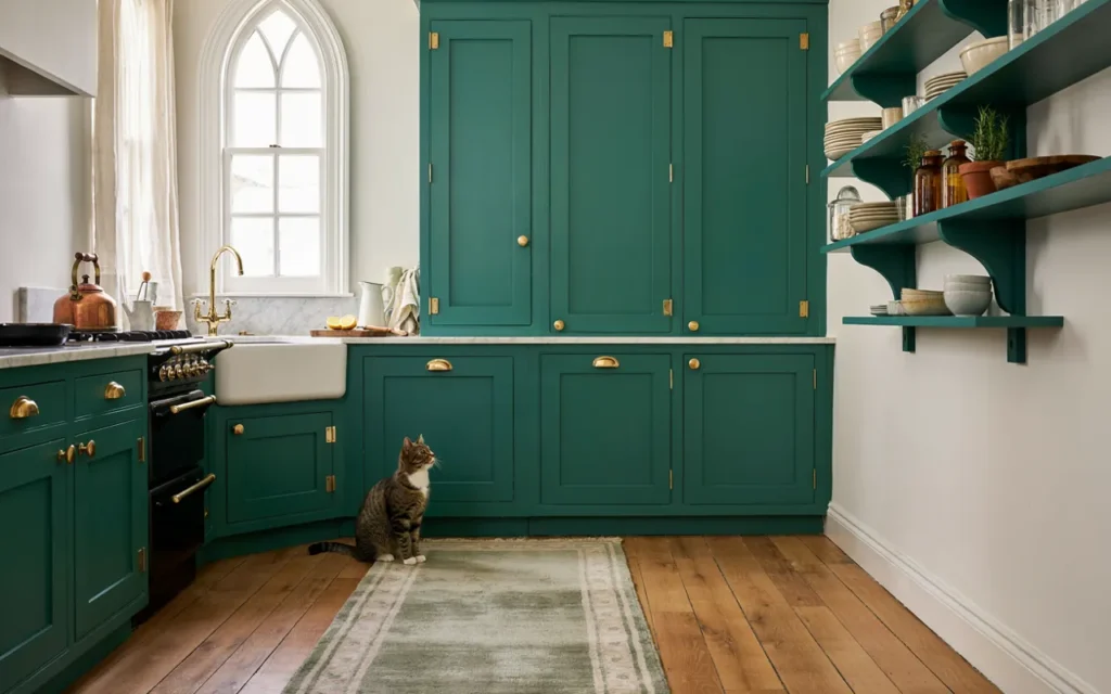 Dark Emerald Green Cabinetry With Brass Hardware