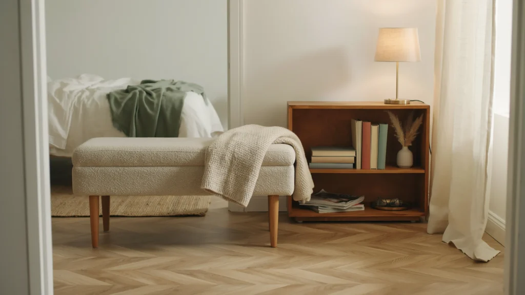 Foot-of-Bed Bench With Low Bookshelf