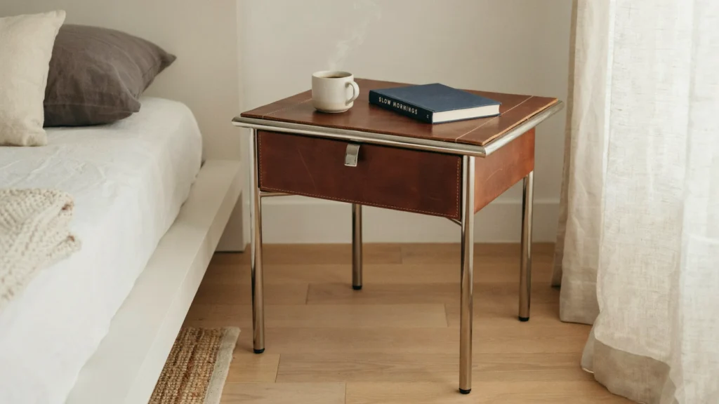 Industrial Chrome and Leather Drawer Table