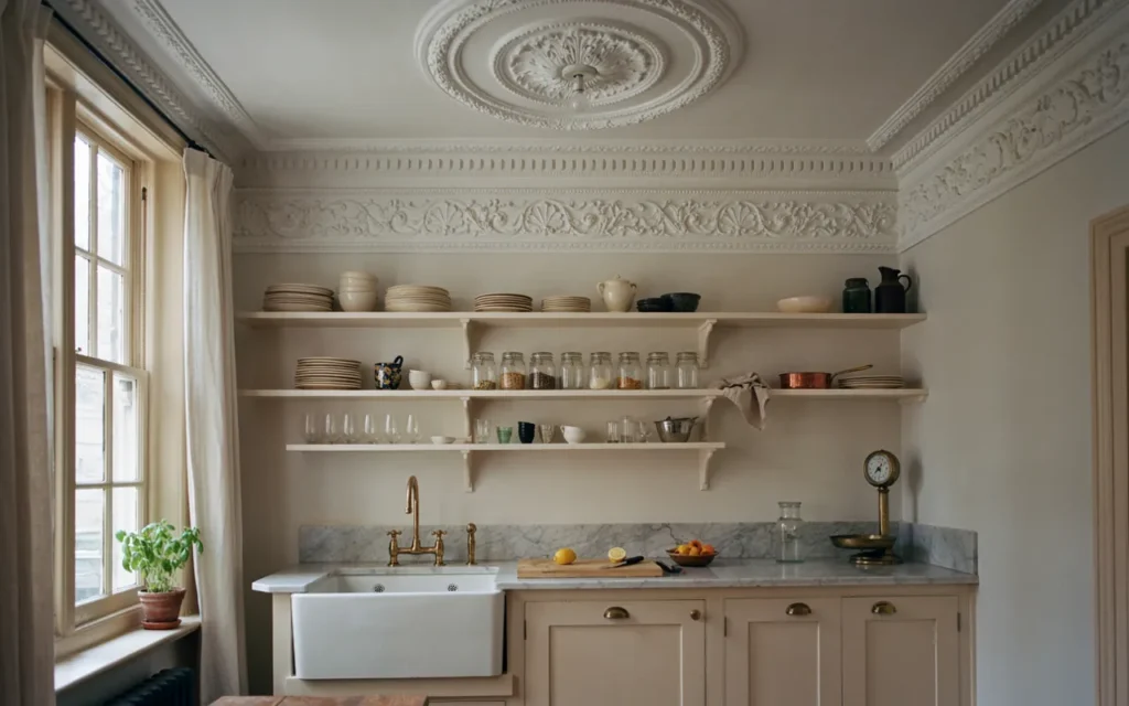 Open Shelving Against Ornate Victorian Molding