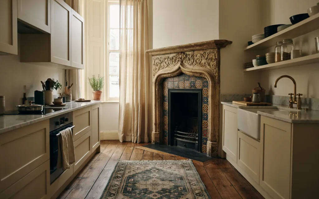 Original Victorian Fireplace Turned Kitchen Focal Point