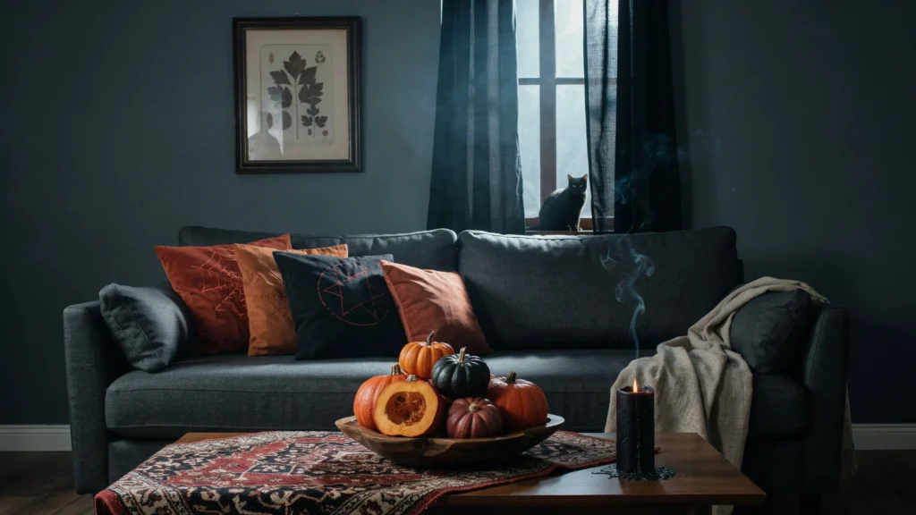 Pair Orange and Black Pillows With Faux Pumpkins