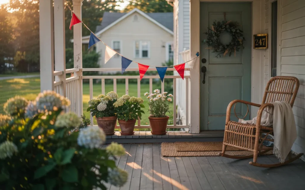 Patriotic Bunting Along the Porch Railing