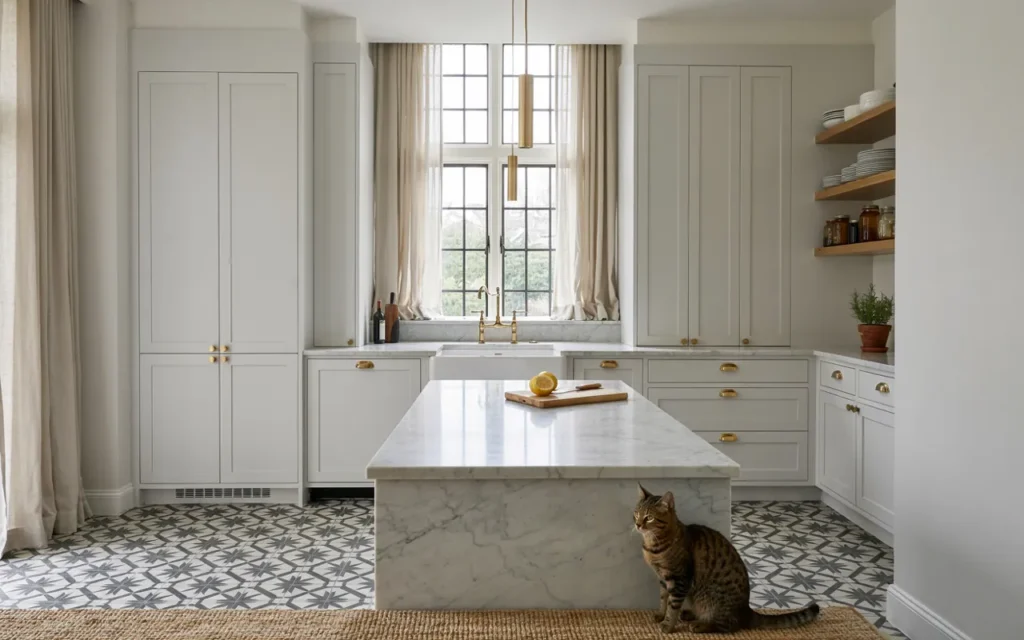 Patterned Encaustic Tile Flooring With Sleek White Cabinets