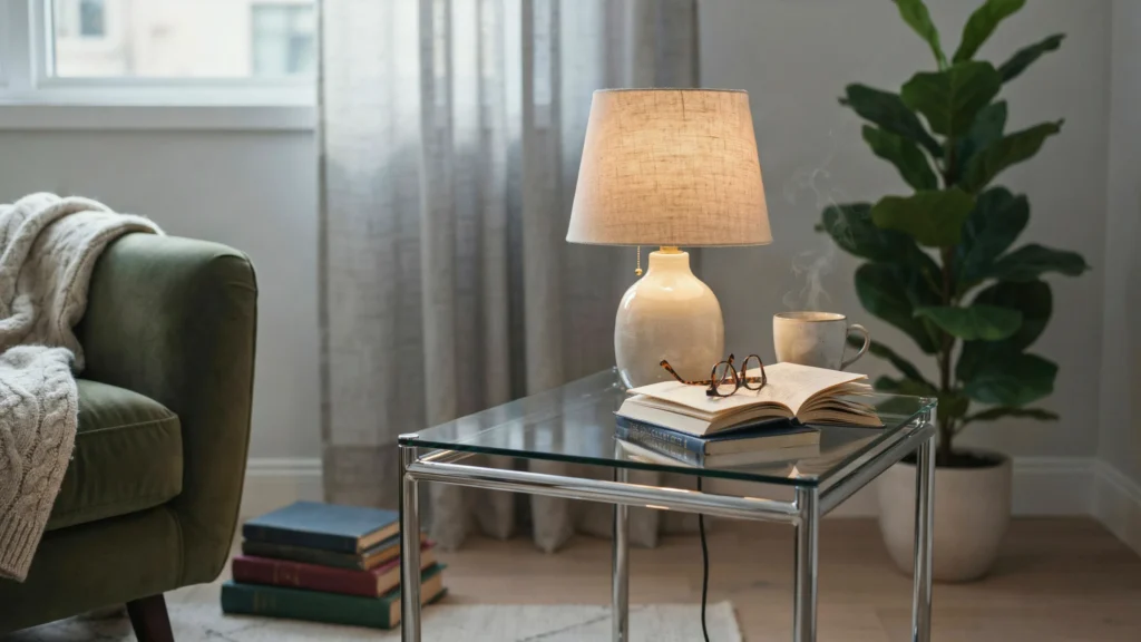 Square Chrome and Glass Lamp Table