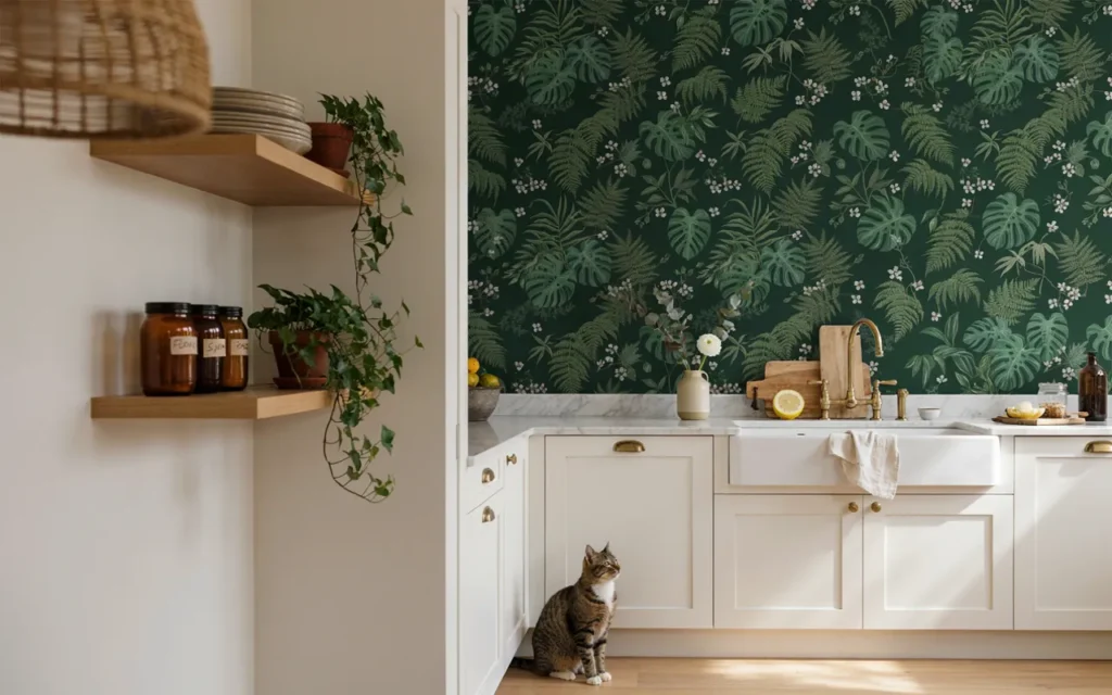Statement Vintage-Inspired Wallpaper in a Modern Kitchen
