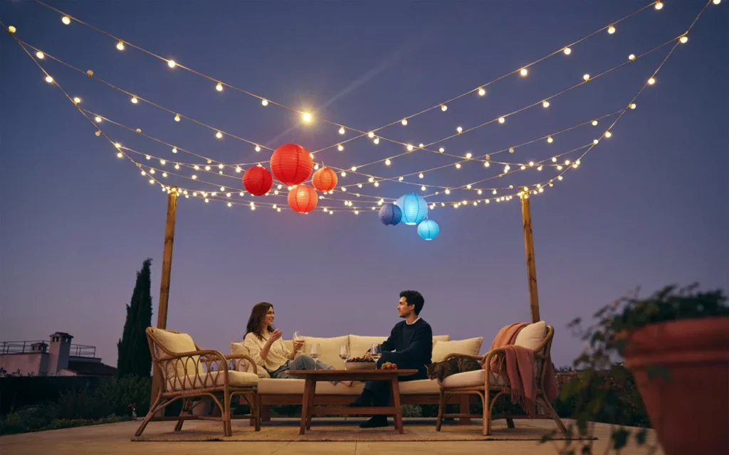 String Light Canopy in Red, White, and Blue