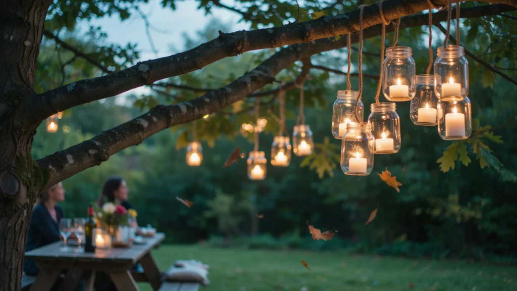 String Mason Jar Lights Through the Trees