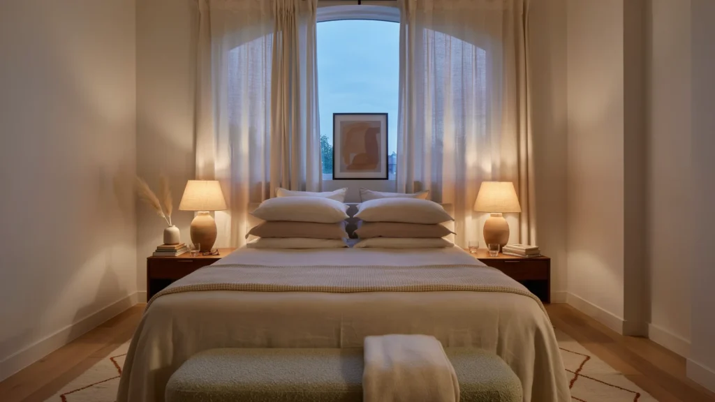 Warm, Layered Bedside Lighting