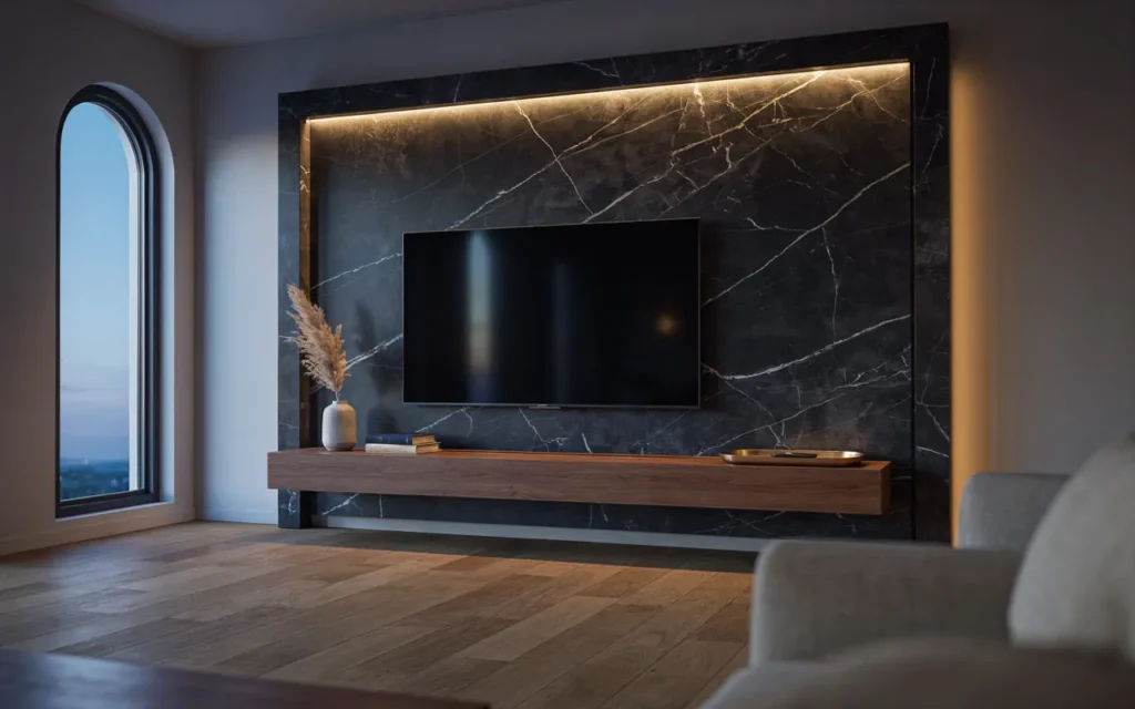 1. Black Marble TV Wall With Backlighting