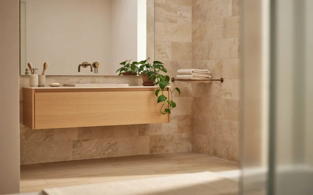 1. Soft Neutral Bathroom With Warm Wood