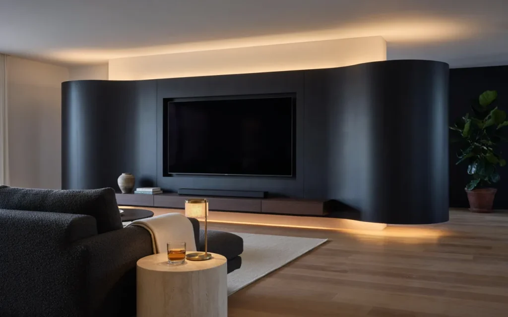 12. Black Sculptural Curved TV Wall