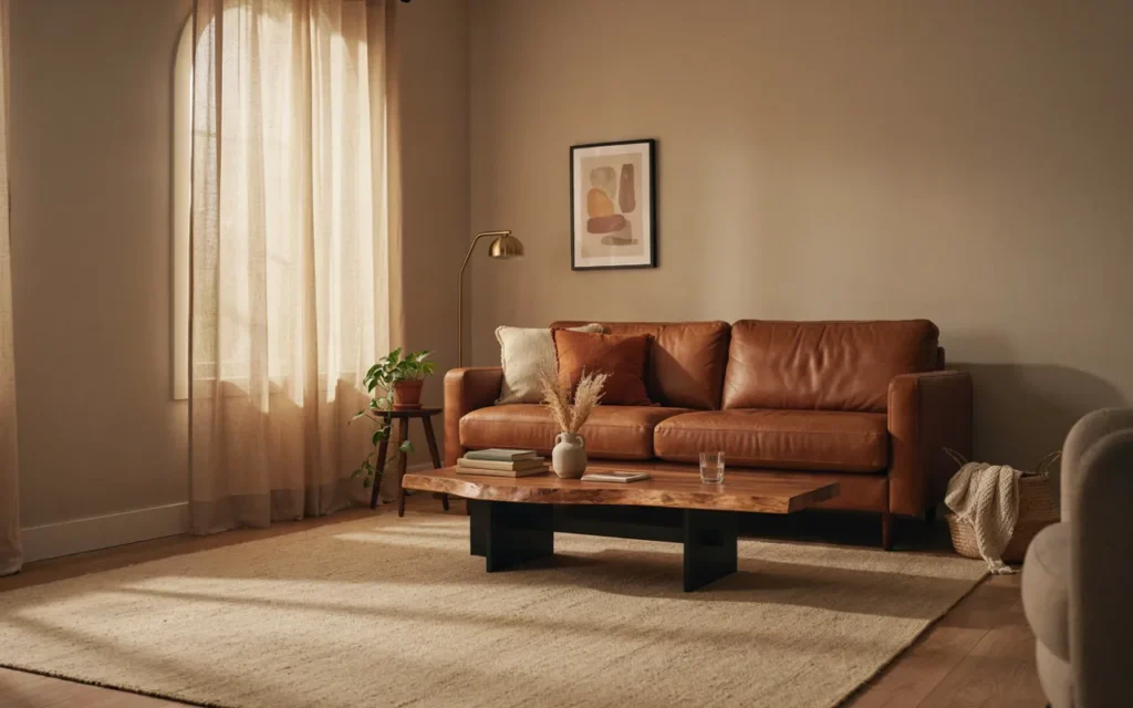 12. Leather Sofa With Warm Textiles