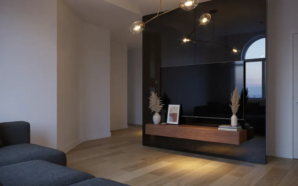 13. Black Glass Panel Reflective TV Wall