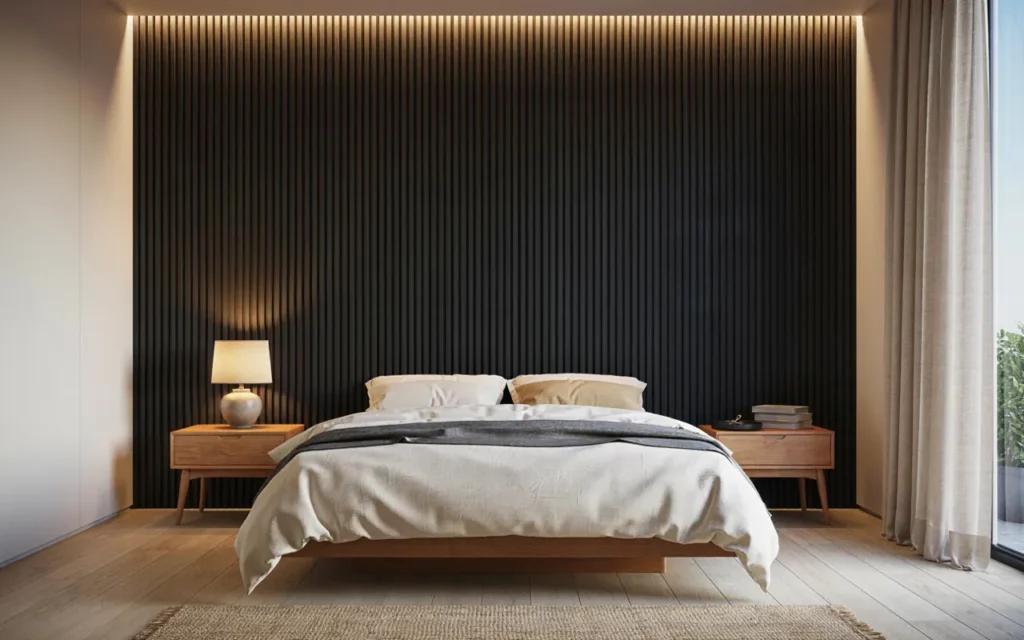 14. Add a Black Accent Wall With Wood Slats